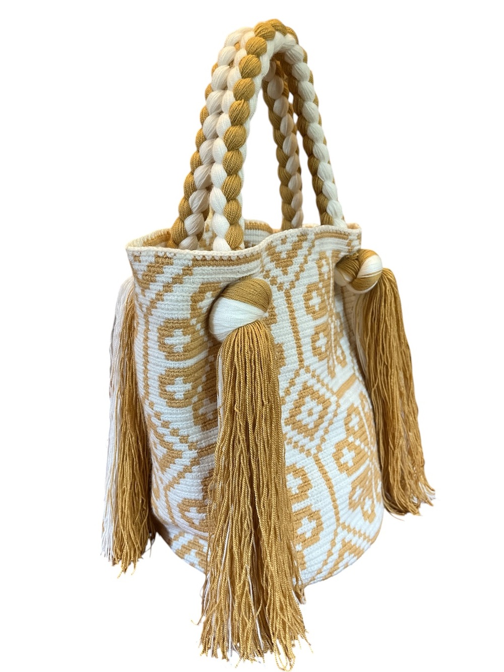 Wayuu Mochila bag Handwoven Tote Bag Cream & Mustard floral & Tassel design. - Picture 6 of 12